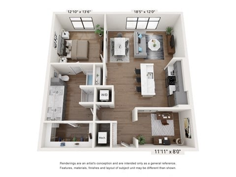 Floor plan for 1 bed, 1 bath, 1059 sqft